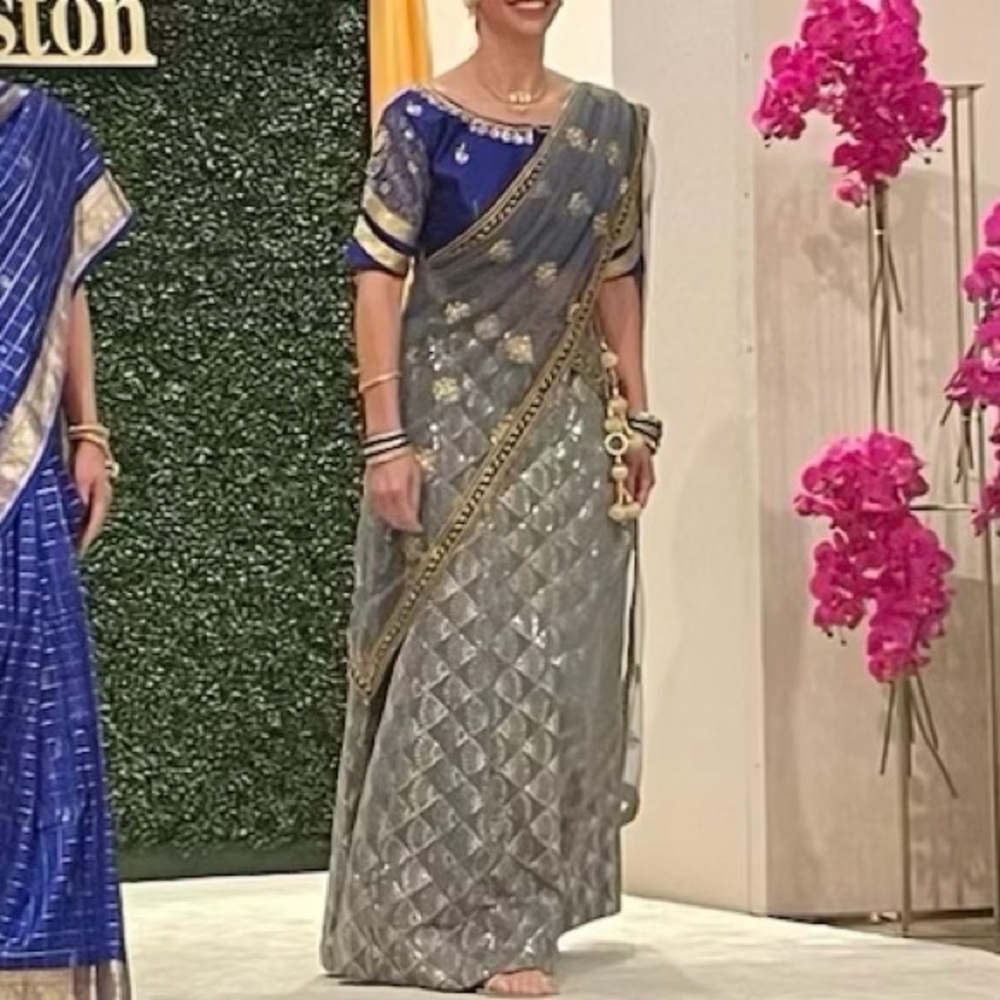 Elegant Lehenga Royal Blue and Grey with Gold Accents includes matching Bangles